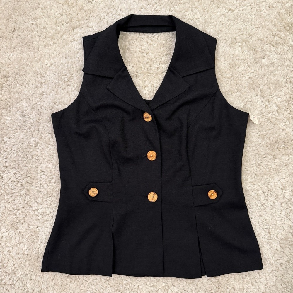 Vintage NWT Virgo Black V-Neck Vest Top Size 12 Brown Buttons City Chic Cutout
